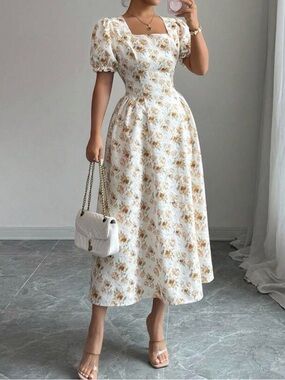 SHEIN White Midi Dress with Tan Floral Print and Puff Sleeves